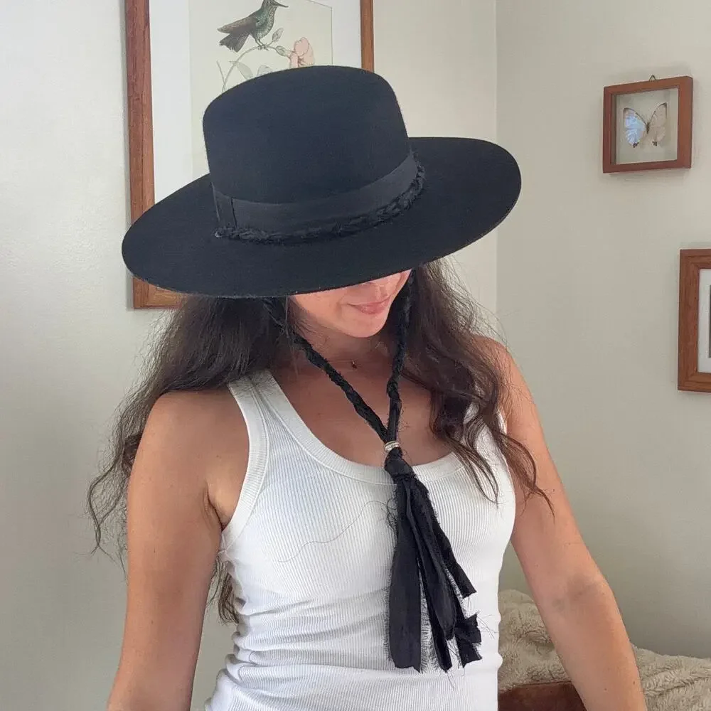 Wool Wide Brim Hat Black Silk Hand Braided Cord Ribbon Size Medium